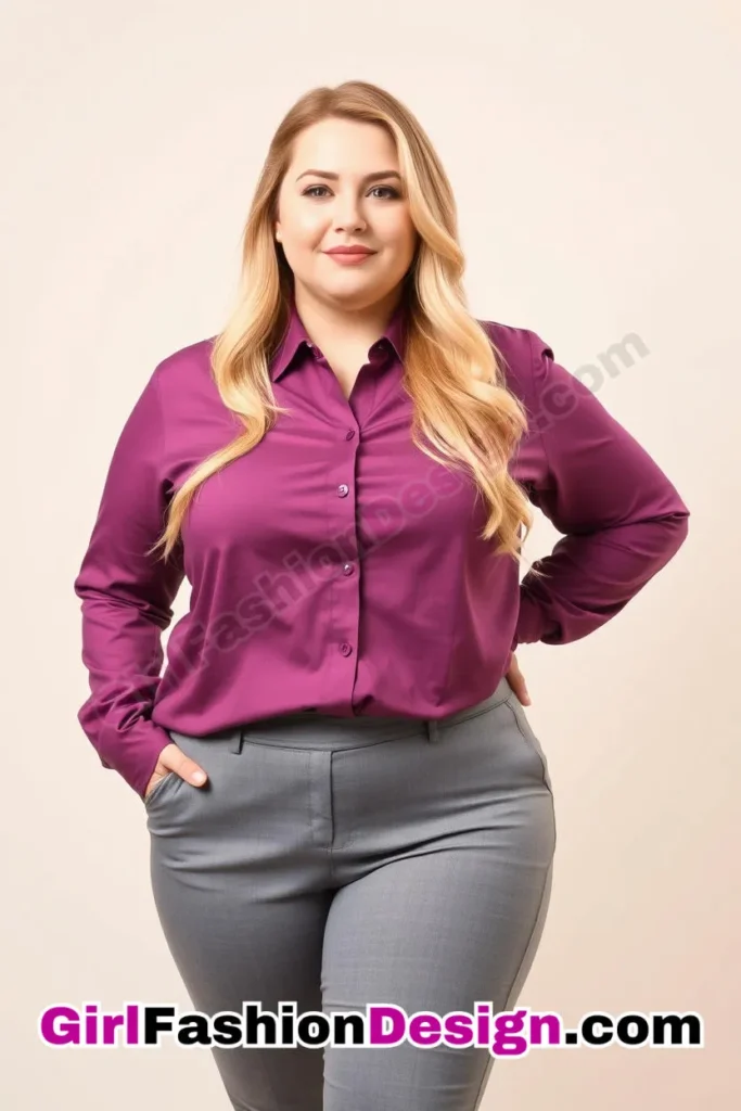 34. Plum Collared Shirt with Gray Slim-Fit Pants For Plus Size Luxury Office Wear (2).jpg