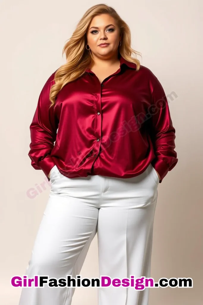 36. Burgundy Satin Shirt with White Wide-Leg Trousers For Plus Size Luxury Office Wear (1).jpg