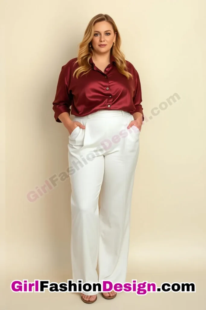 36. Burgundy Satin Shirt with White Wide-Leg Trousers For Plus Size Luxury Office Wear (2).jpg