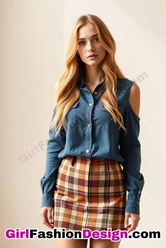 37. Cold-Shoulder Denim Blouse (Women) With Plaid Mini Skirt (1).jpg