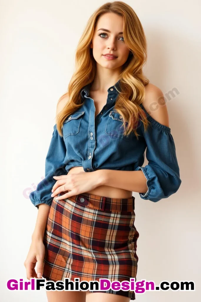 37. Cold-Shoulder Denim Blouse (Women) With Plaid Mini Skirt (2).jpg