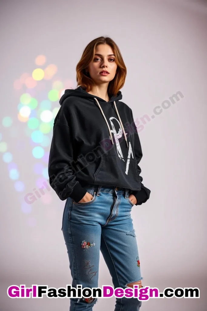 37. Embroidered Jeans with a Monochrome Hoodie - 51 Top Spring School Outfits for Teen Girls Impress Your Friends with Stylish Looks (1)