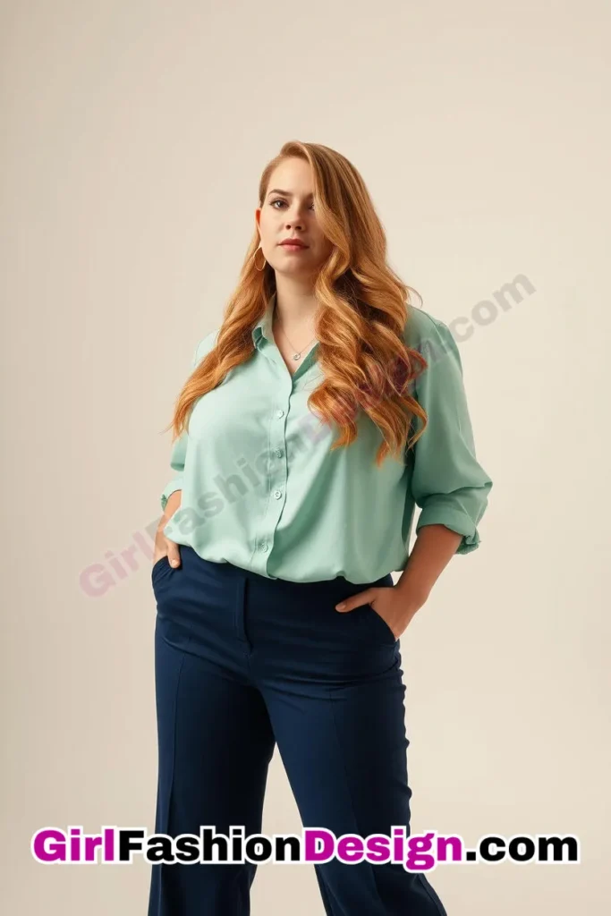 37. Mint Green Viscose Blouse with Navy Flared Pants For Plus Size Luxury Office Wear (1).jpg