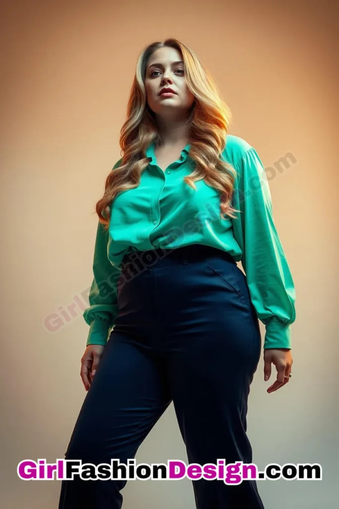 37. Mint Green Viscose Blouse with Navy Flared Pants For Plus Size Luxury Office Wear (2).jpg