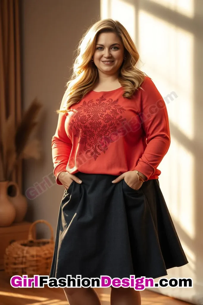 38. Coral Embroidered Top with Charcoal A-Line Skirt For Plus Size Luxury Office Wear (1).jpg