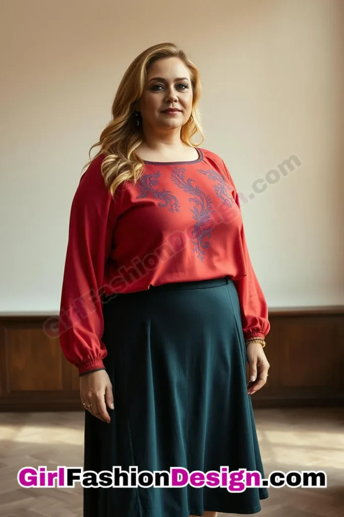 38. Coral Embroidered Top with Charcoal A-Line Skirt For Plus Size Luxury Office Wear (2).jpg