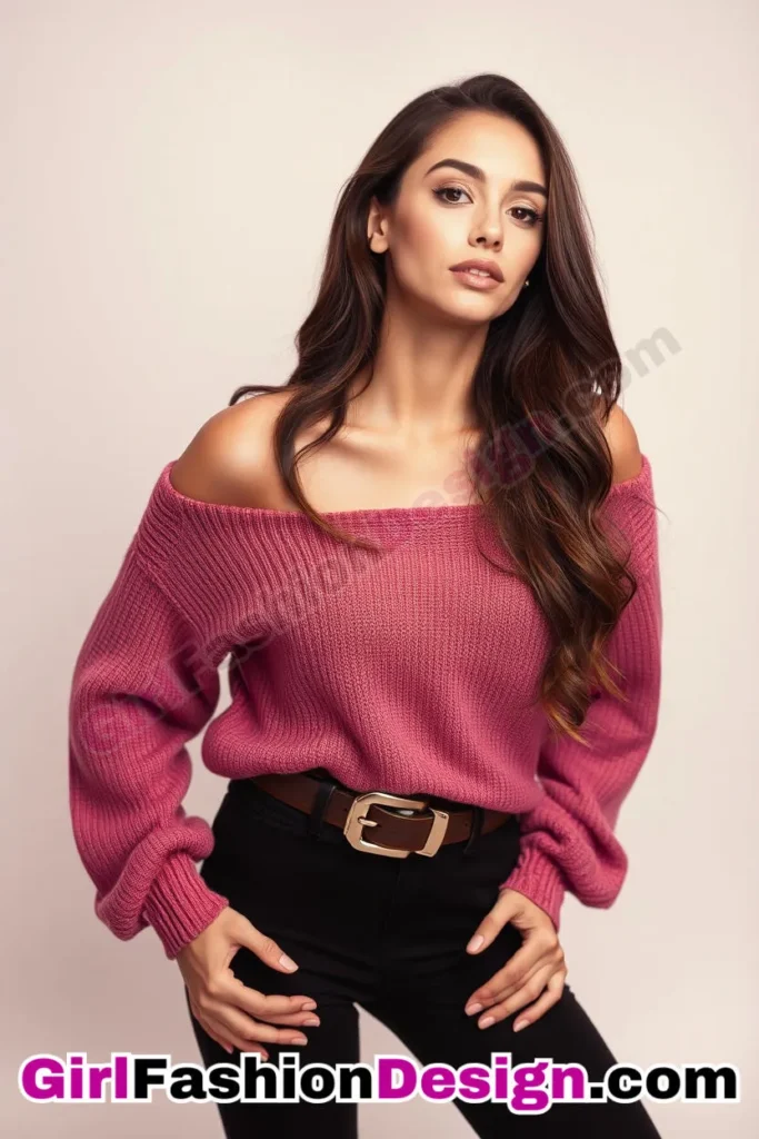 4. Off-Shoulder Sweater and Statement Belt - 21 Must-Try Flare Legging Outfits for Women Stylish Ways to Wear Flare Leggings (3)