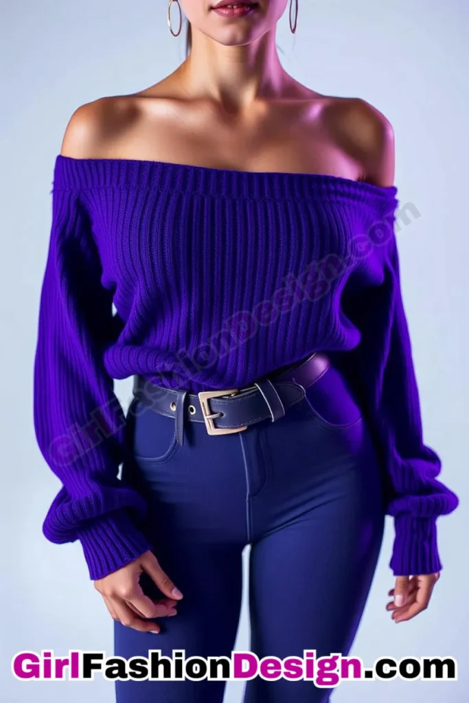 4. Off-Shoulder Sweater and Statement Belt - 21 Must-Try Flare Legging Outfits for Women Stylish Ways to Wear Flare Leggings (4)