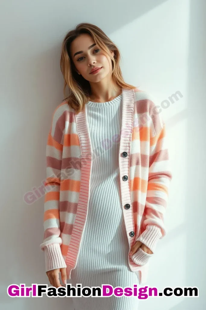 40. Striped Cardigan with a Ribbed Dress - 51 Top Spring School Outfits for Teen Girls Impress Your Friends with Stylish Looks (1)