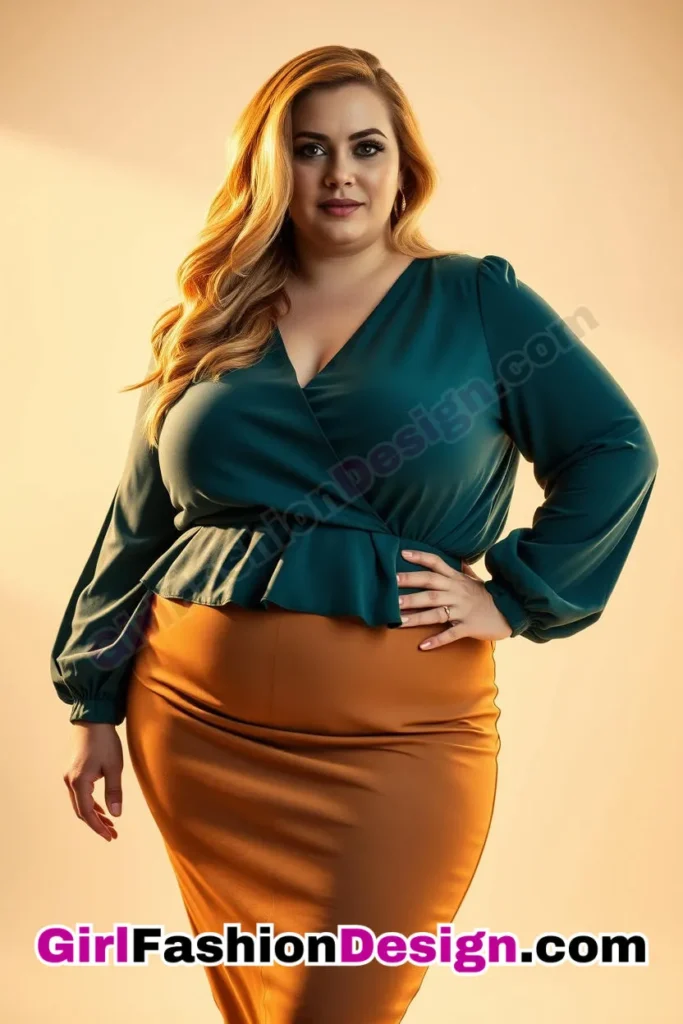 40. Teal Peplum Blouse with Camel High-Waisted Skirt For Plus Size Luxury Office Wear (2).jpg