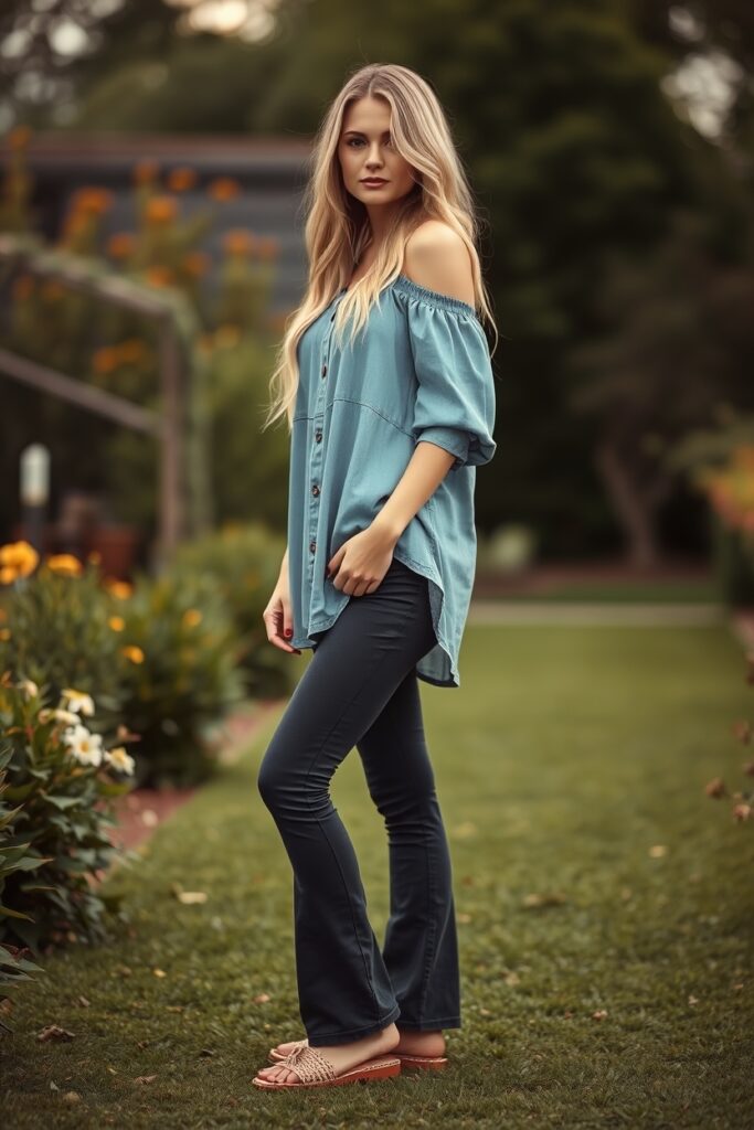 42. American Eagle Flare Leggings Outfit with Off-Shoulder Tunic, Denim Shacket, and Raffia Slides (1)