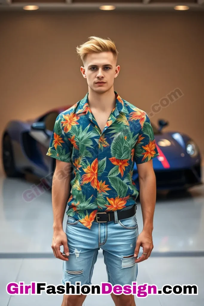 42. Distressed Knee-Length Denim Shorts (Men) With Tropical Print Shirt (1).jpg