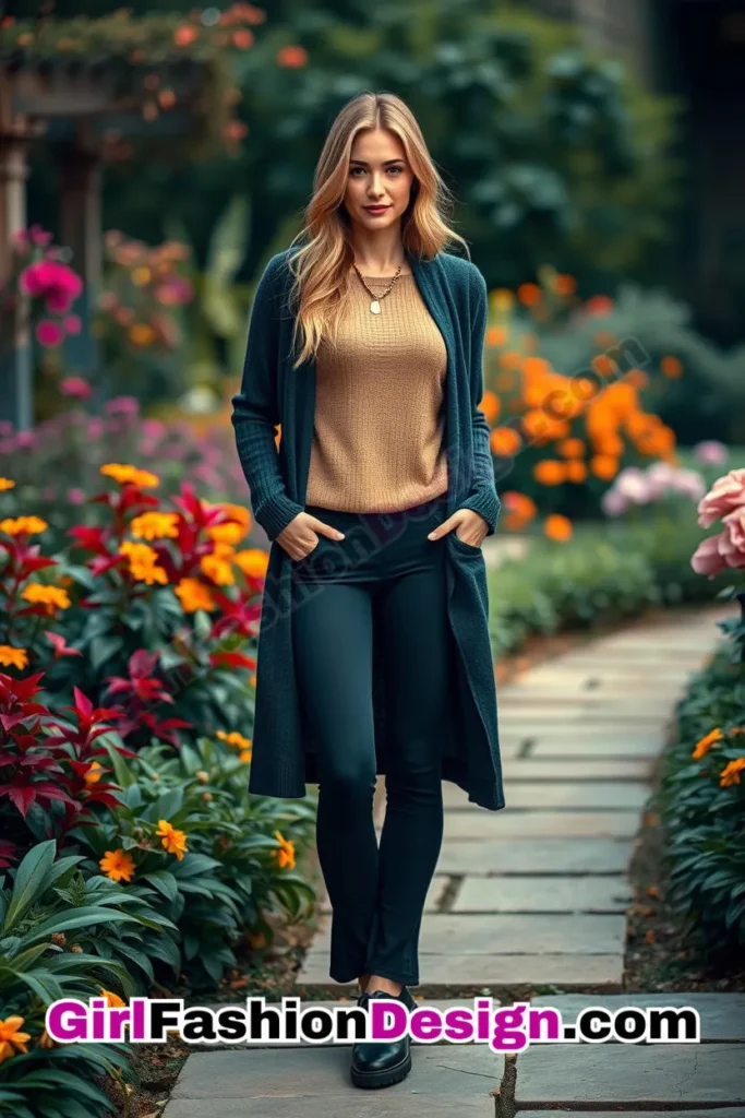 43. Office Wear Flare Leggings Outfits with Halter-Neck Knit, Elongated Cardigan, and Sleek Lace-Up Oxfords (2).jpg