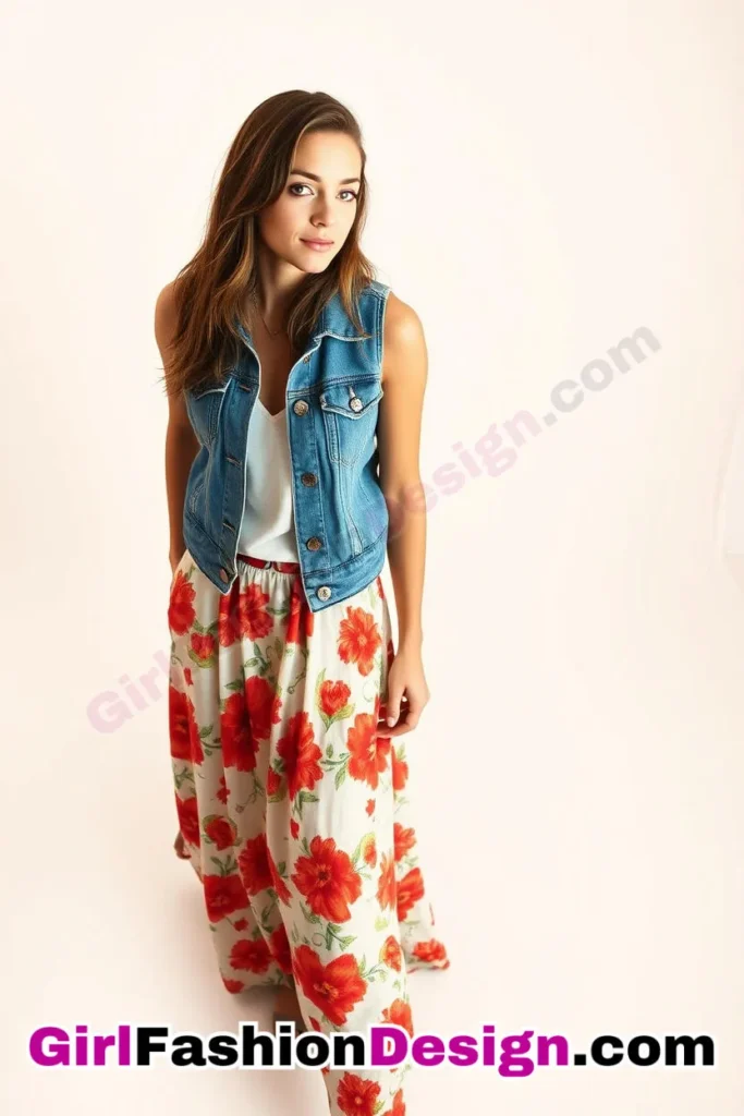 45. Denim Vest over a Floral Maxi Skirt - 51 Top Spring School Outfits for Teen Girls Impress Your Friends with Stylish Looks (3)