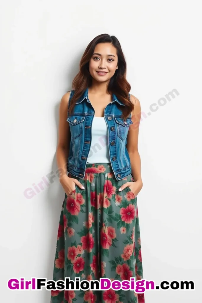 45. Denim Vest over a Floral Maxi Skirt - 51 Top Spring School Outfits for Teen Girls Impress Your Friends with Stylish Looks (4)