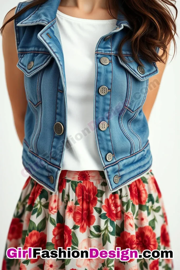 45. Denim Vest over a Floral Maxi Skirt - 51 Top Spring School Outfits for Teen Girls Impress Your Friends with Stylish Looks (5)