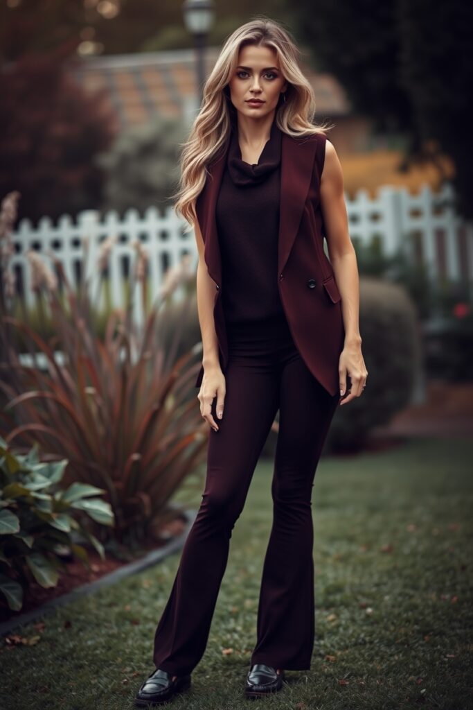 46. American Eagle Flare Leggings Outfit with Cowl-Neck Sweater, Sleeveless Blazer, and Leather Loafers (2)