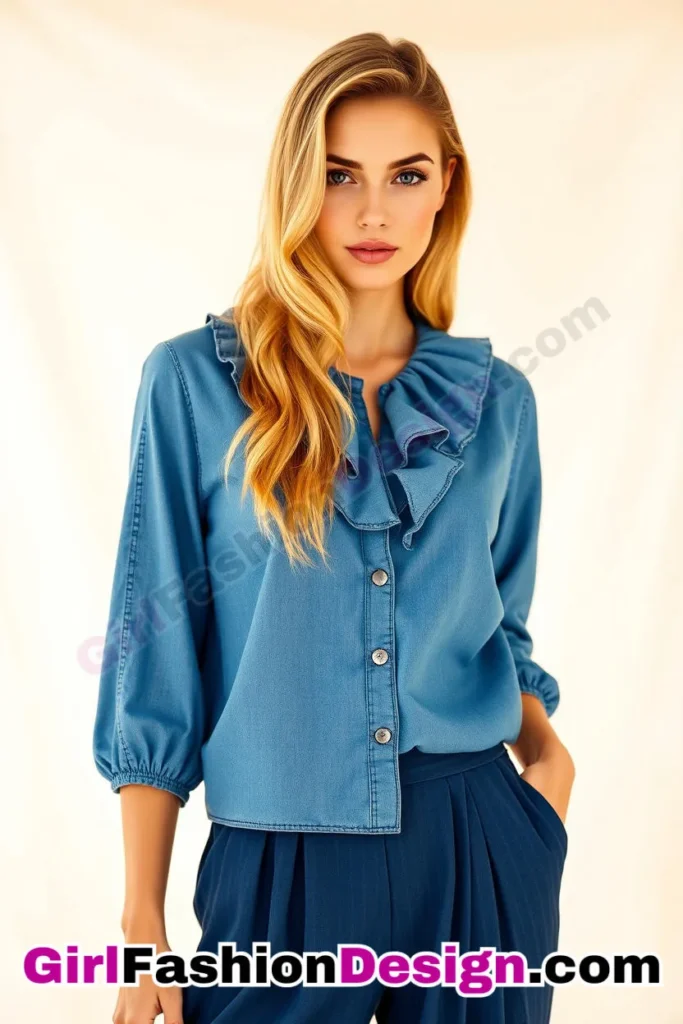 47. Ruffle-Neck Denim Blouse (Women) With Pleated Wide-Leg Pants (1).jpg