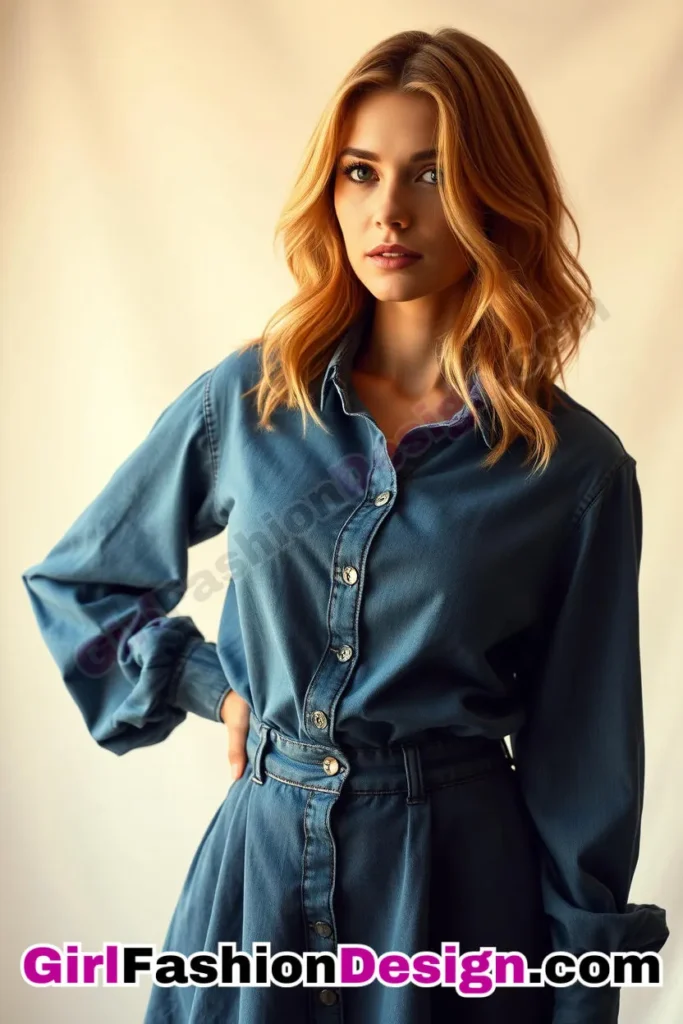 49. Balloon-Sleeve Denim Shirt (Women) With High-Waist Circle Skirt (1).jpg