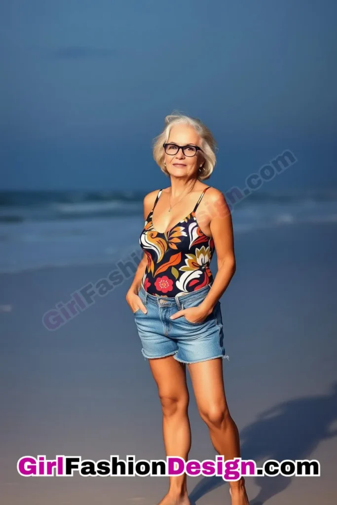 5. Bold Print One-Piece & Denim Shorts - 24 Best Beachwear Outfits for Women Over 50 Trending Perfect 50s-Inspired Look (2).jpg