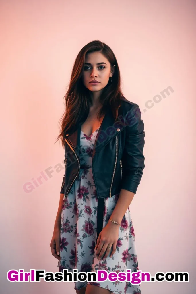 51. Cropped Biker Jacket and Floral Skater Dress - 51 Top Spring School Outfits for Teen Girls Impress Your Friends with Stylish Looks (1)