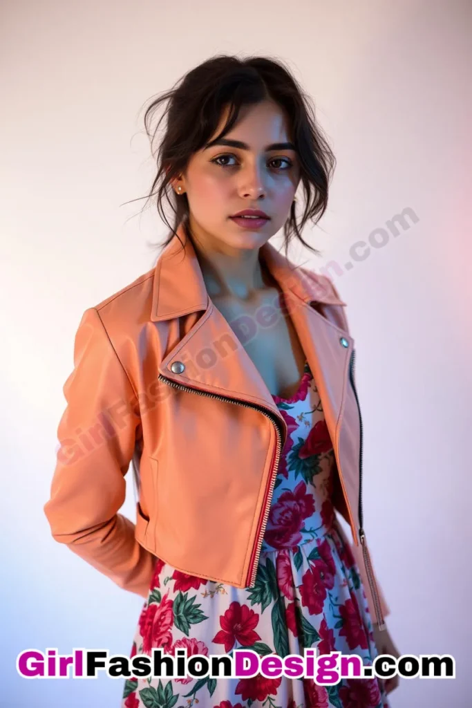 51. Cropped Biker Jacket and Floral Skater Dress - 51 Top Spring School Outfits for Teen Girls Impress Your Friends with Stylish Looks (2)