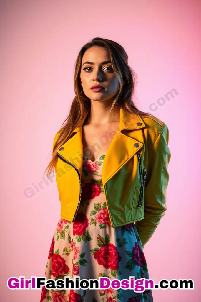 51. Cropped Biker Jacket and Floral Skater Dress - 51 Top Spring School Outfits for Teen Girls Impress Your Friends with Stylish Looks (3)