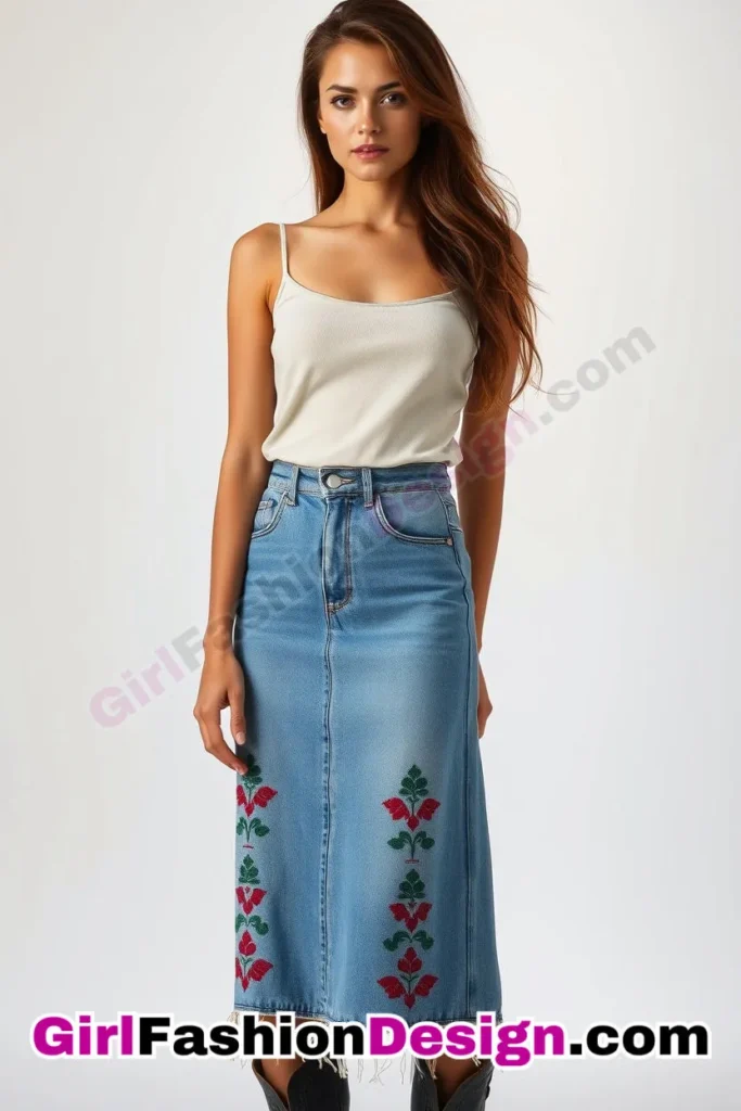 6. Artisanal Embroidered Accent - 21 Effortlessly Cool Jean Skirt Styles for Every Occasion (2)