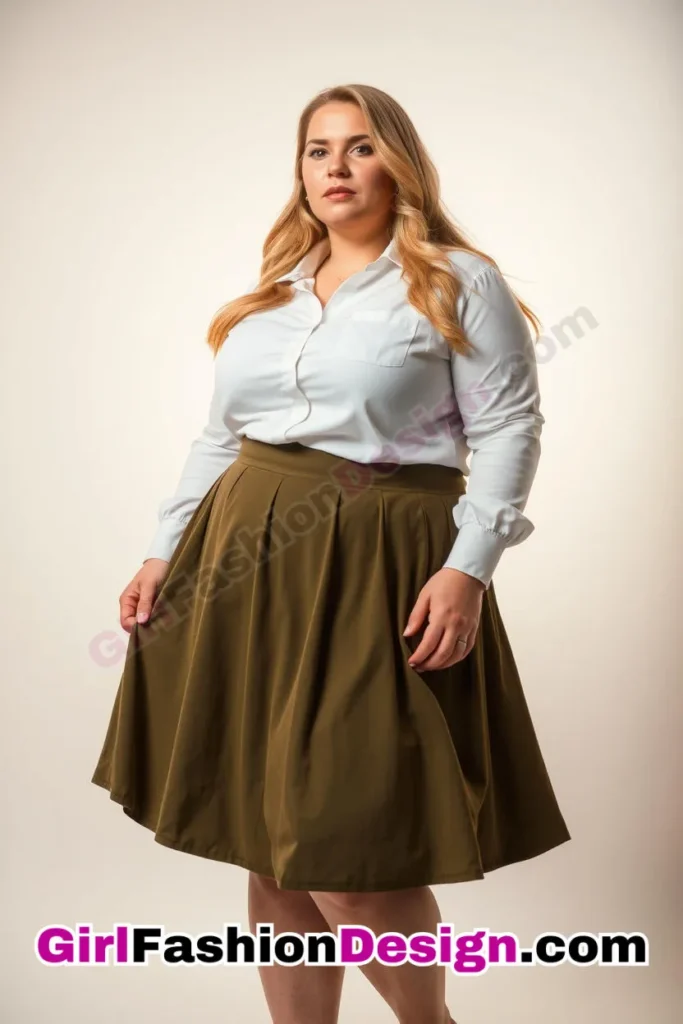 6. White Collared Shirt with Olive Green A-Line Skirt For Plus Size Luxury Office Wear (1).jpg