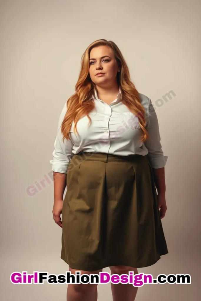 6. White Collared Shirt with Olive Green A-Line Skirt For Plus Size Luxury Office Wear (2).jpg