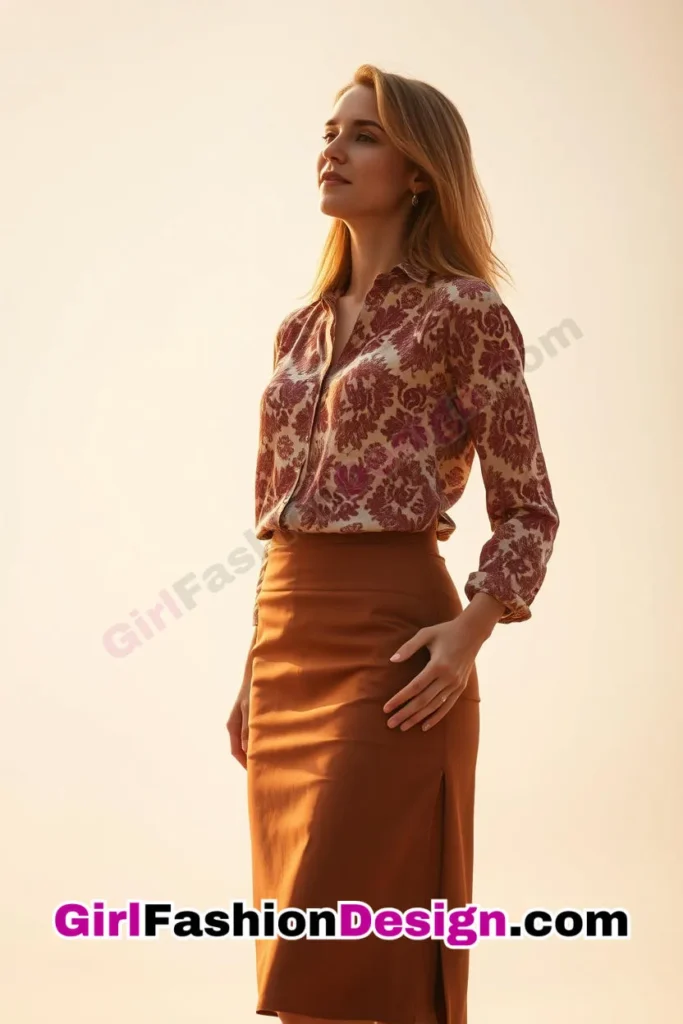 7. Patterned Blouse & Solid Pencil Skirt - 25 Trendsetting Corporate Outfits for the Modern Professional Women (3).jpg