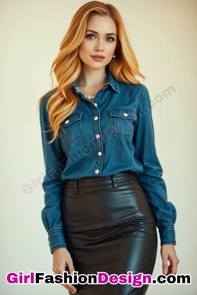 7. Pearl-Studded Denim Blouse (Women) With Leather Pencil Skirt (1).jpg