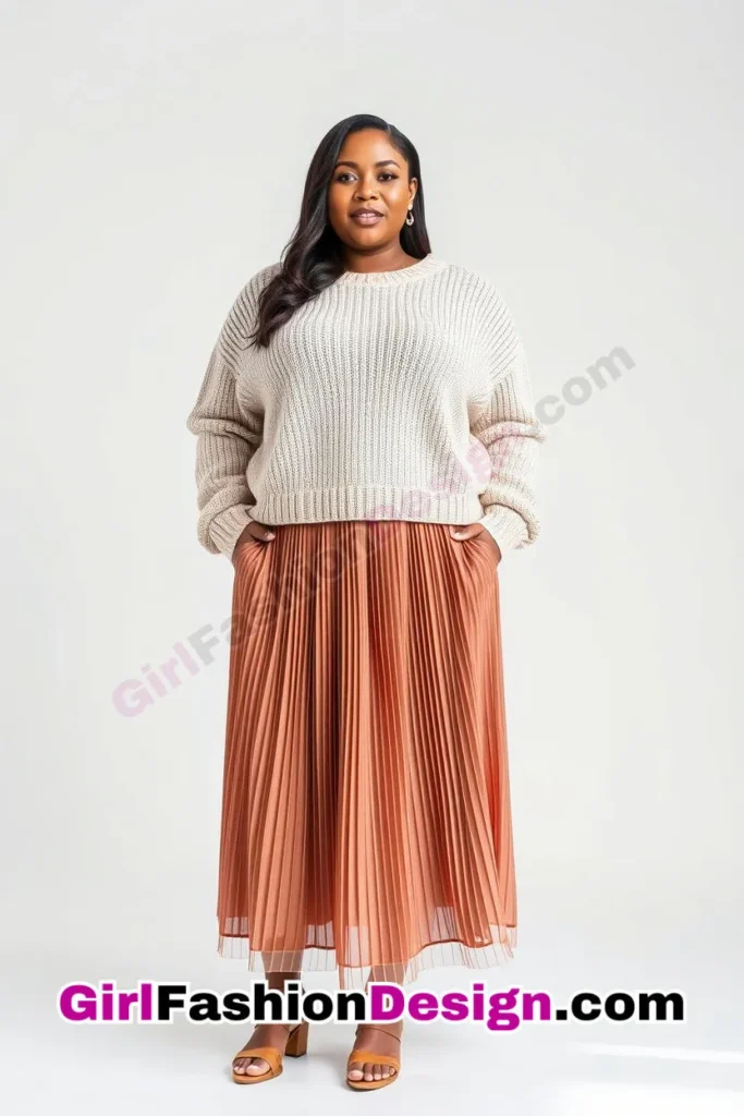 7. Pleated Midi Skirt with Light Knit Sweater - 25 Trending Plus-Size Corporate Outfits You Need to Try (4).jpg