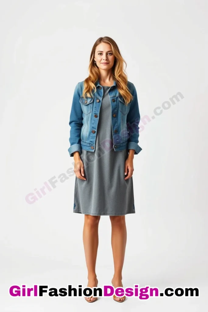 7. Sustainable Denim Jacket with Shift Dress - 21 Best Eco-Friendly Business Casual Outfits for Women Stylish Sustainable Office Wear Ideas (3).jpg