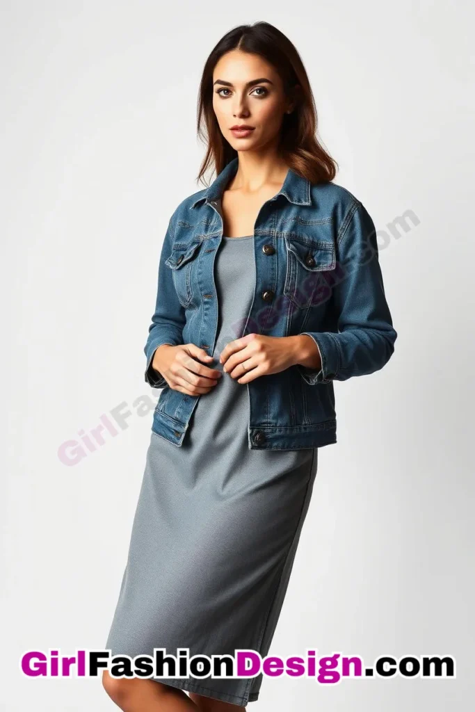 7. Sustainable Denim Jacket with Shift Dress - 21 Best Eco-Friendly Business Casual Outfits for Women Stylish Sustainable Office Wear Ideas (5).jpg