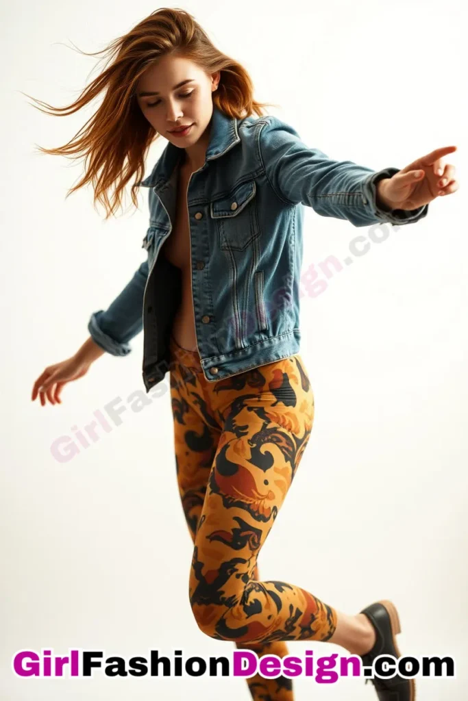 8. Denim Jacket with Bold Print Leggings - 21 Must-Try Flare Legging Outfits for Women Stylish Ways to Wear Flare Leggings (4)