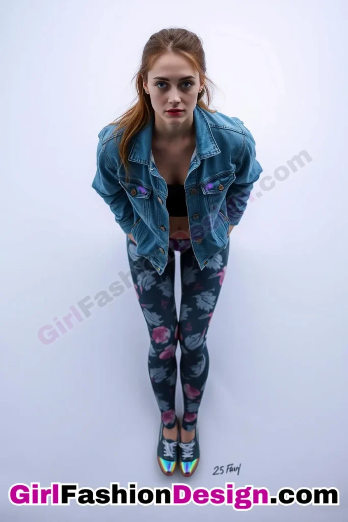 8. Denim Jacket with Bold Print Leggings - 21 Must-Try Flare Legging Outfits for Women Stylish Ways to Wear Flare Leggings (5)