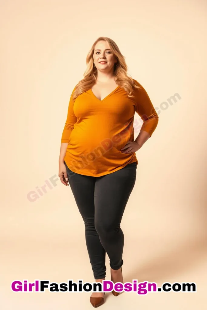 8. Mustard V-Neck Top with Charcoal Slim-Fit Pants For Plus Size Luxury Office Wear