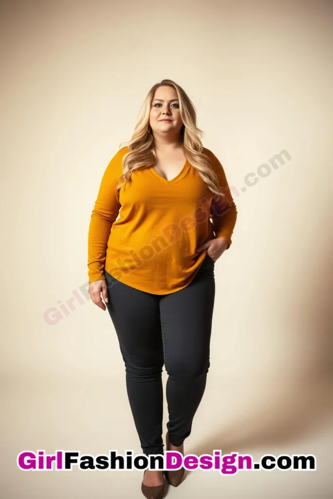 8. Mustard V-Neck Top with Charcoal Slim-Fit Pants For Plus Size Luxury Office Wear.jpg