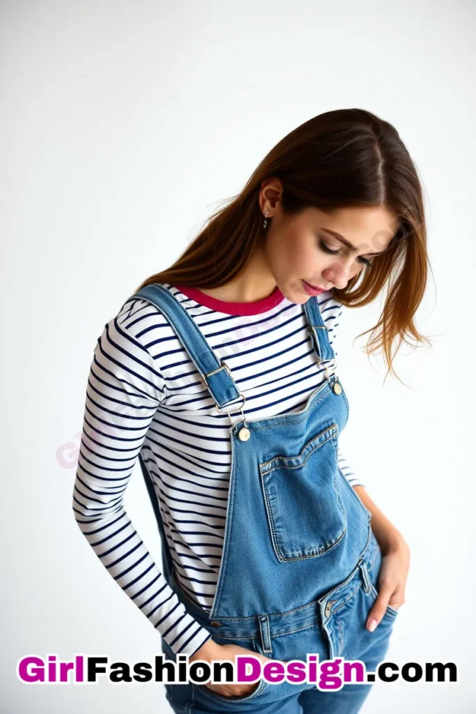 9. Classic Striped Long-Sleeve Tee and Denim Overalls - 51 Top Spring School Outfits for Teen Girls Impress Your Friends with Stylish Looks (1)