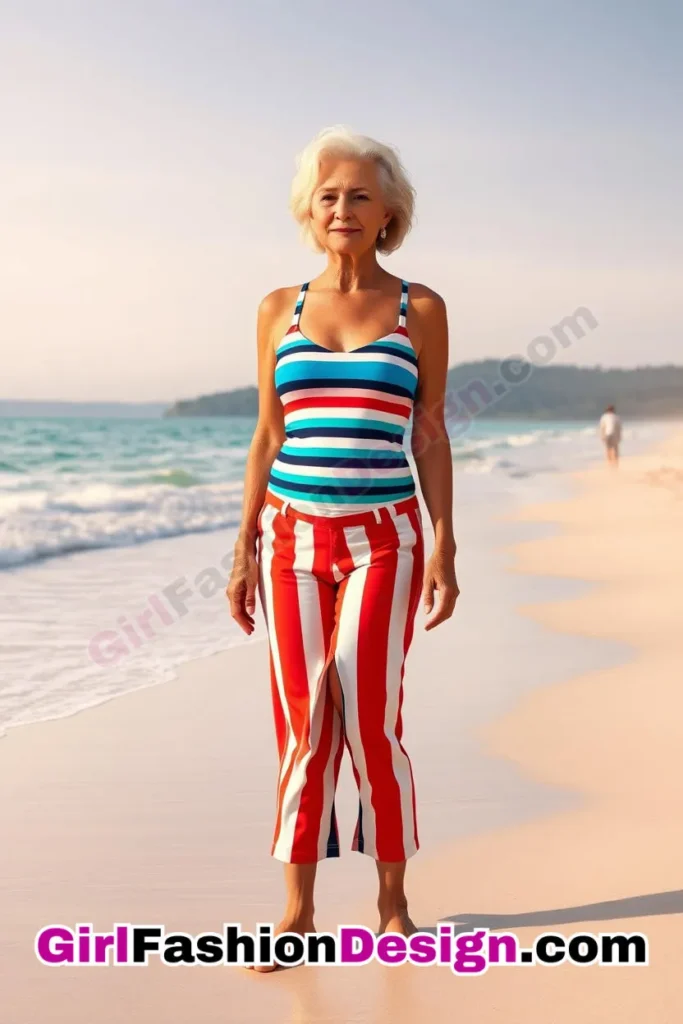 9. Striped Crop Pants With Coordinating Swimsuit - 24 Best Beachwear Outfits for Women Over 50 Trending Perfect 50s-Inspired Look (2).jpg