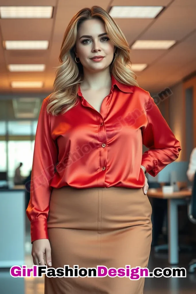 95. Coral Silk Shirt with Camel Tailored Skirt For Plus Size Luxury Office Wear (1).jpg