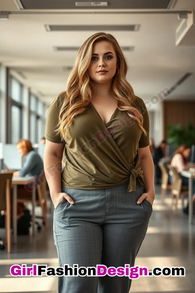 96. Olive Green Wrap Top with Gray Flared Trousers For Plus Size Luxury Office Wear (1).jpg