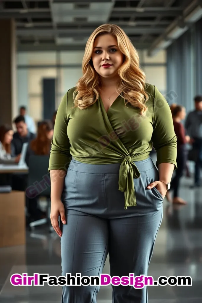 96. Olive Green Wrap Top with Gray Flared Trousers For Plus Size Luxury Office Wear (2).jpg