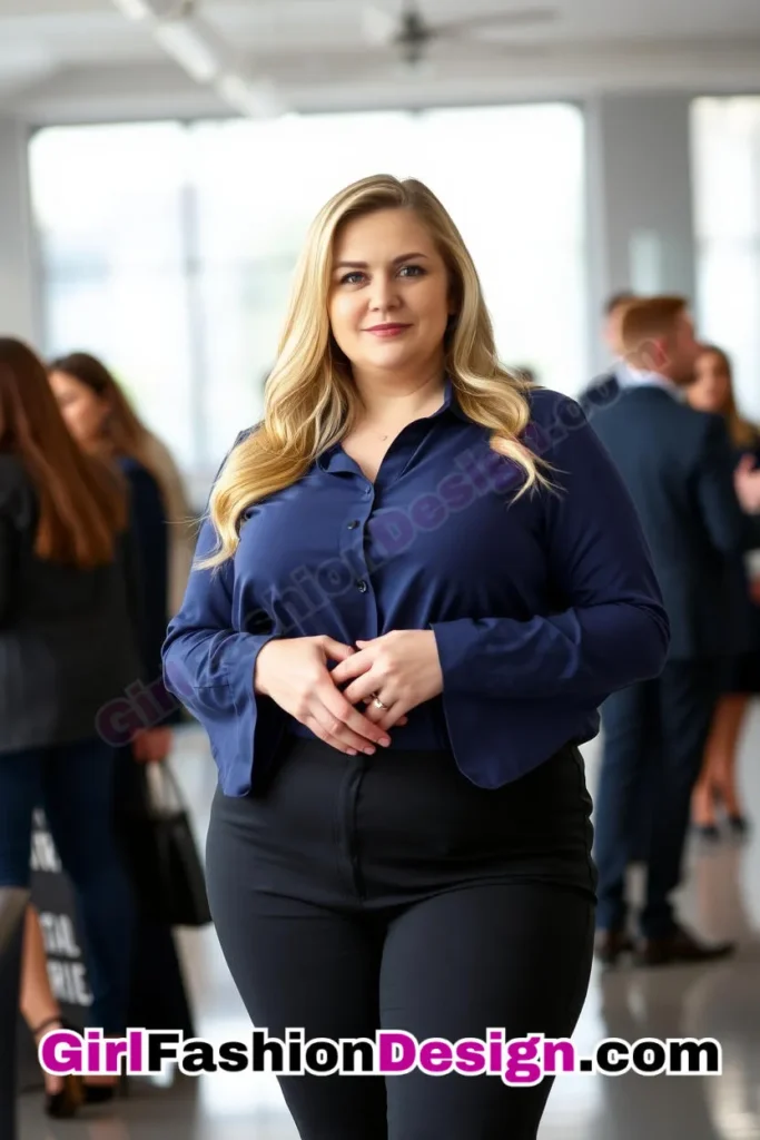 97. Navy Bell-Sleeve Shirt with Black Slim-Fit Pants For Plus Size Luxury Office Wear (1).jpg