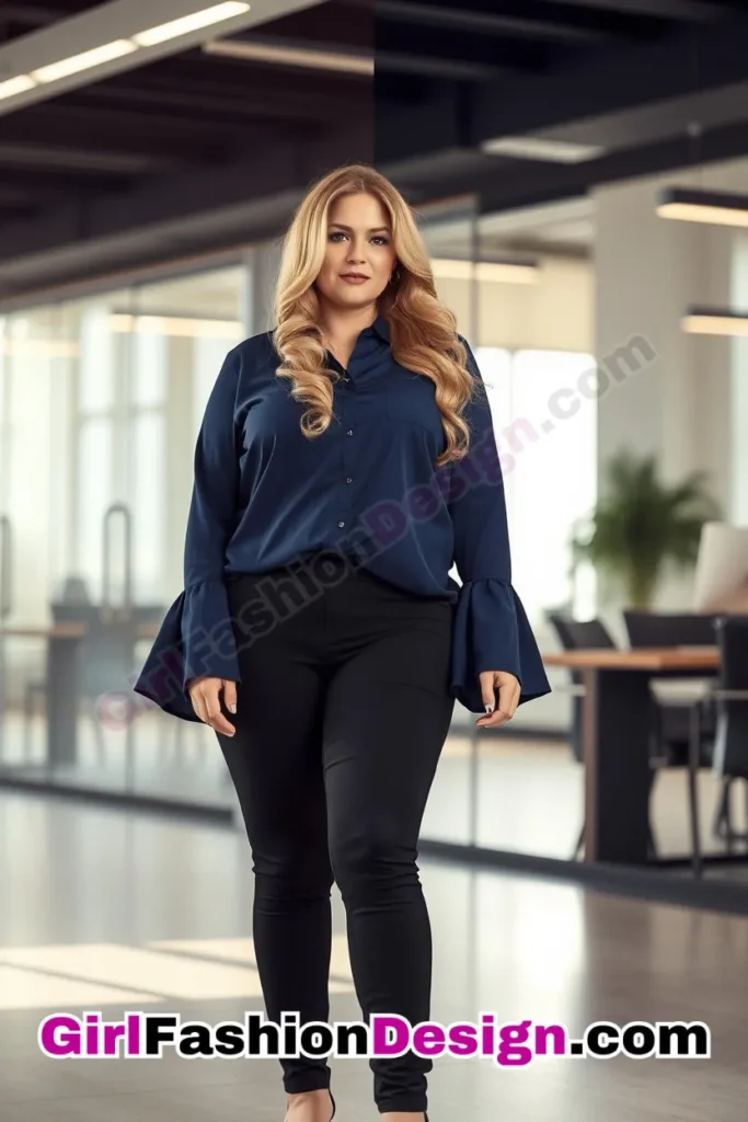 97. Navy Bell-Sleeve Shirt with Black Slim-Fit Pants For Plus Size Luxury Office Wear (2).jpg