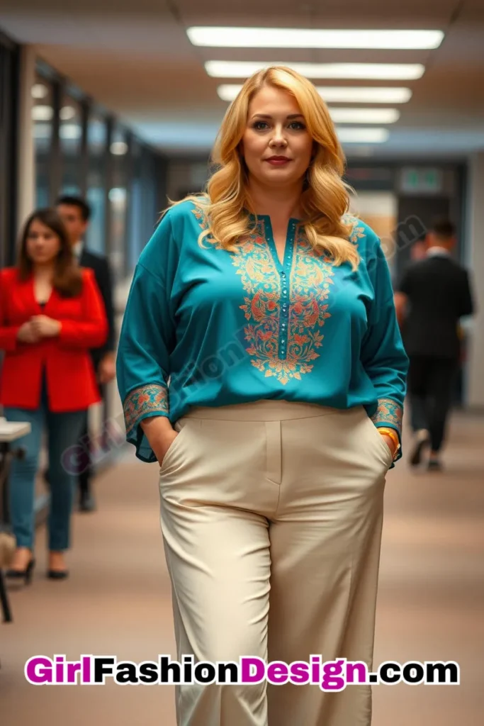 98. Teal Embroidered Blouse with Ivory Wide-Leg Pants For Plus Size Luxury Office Wear (1).jpg