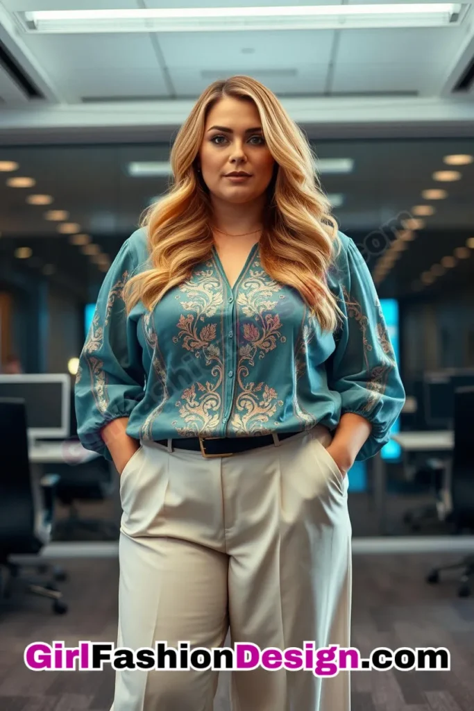 98. Teal Embroidered Blouse with Ivory Wide-Leg Pants For Plus Size Luxury Office Wear (2).jpg