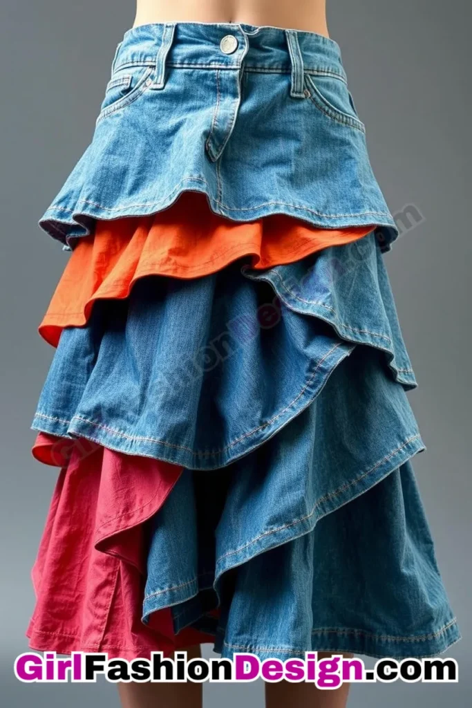 A soft acid-washed denim skirt sculpted from layered papier-mâché material, showcasing vibrant, complimentary, contrasting colors, balanced tones, and textured layers.jpg